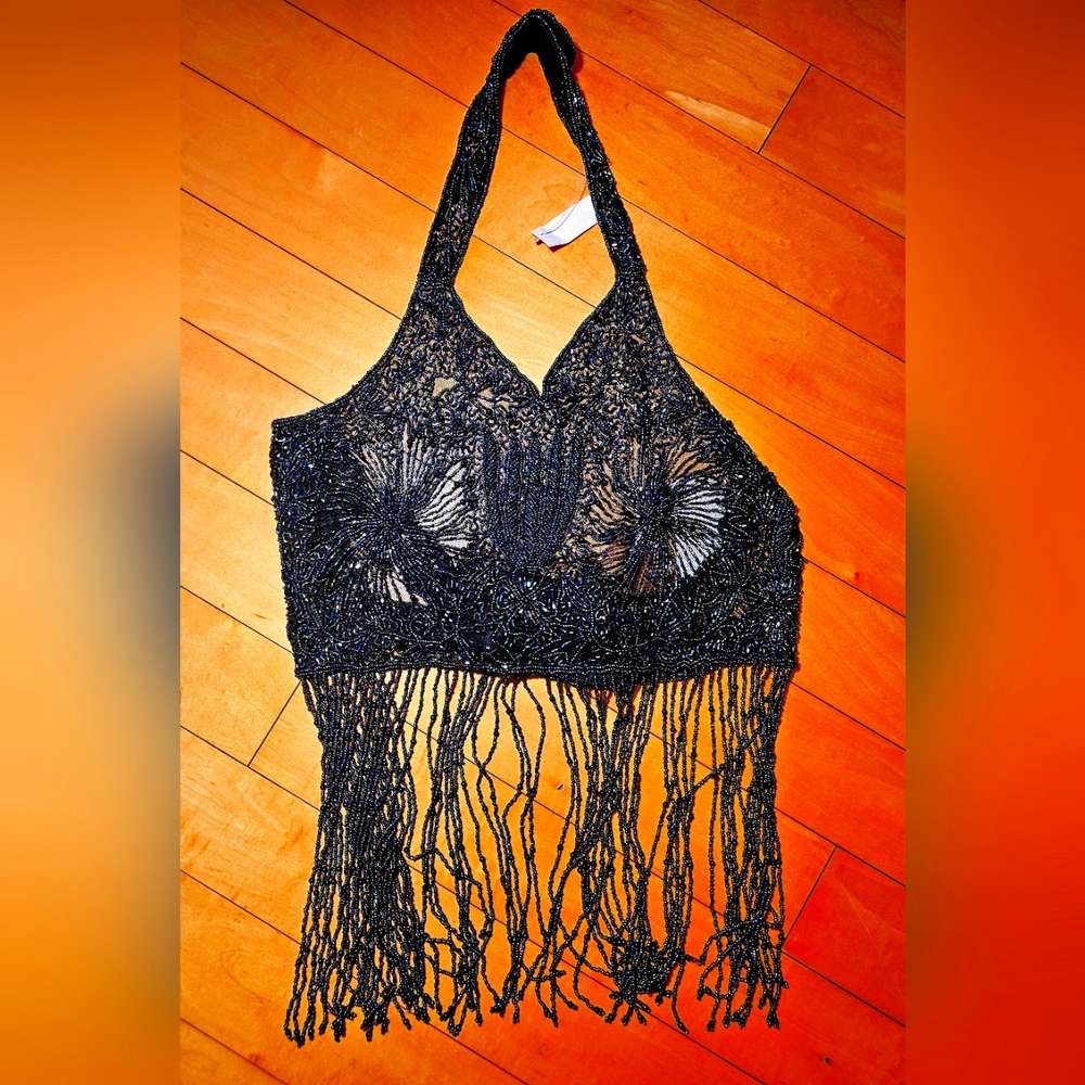 Colorful Beaded Fringe Halter Top